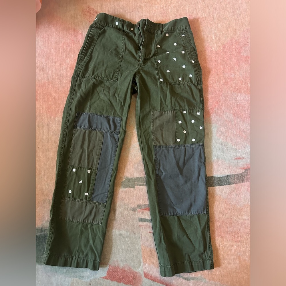 J. Crew Green Chino Pants with White Embroidered Flower Detail